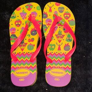 Havaianas Yellow Flip Flops with Pink Straps & Multicolor Fruit Print